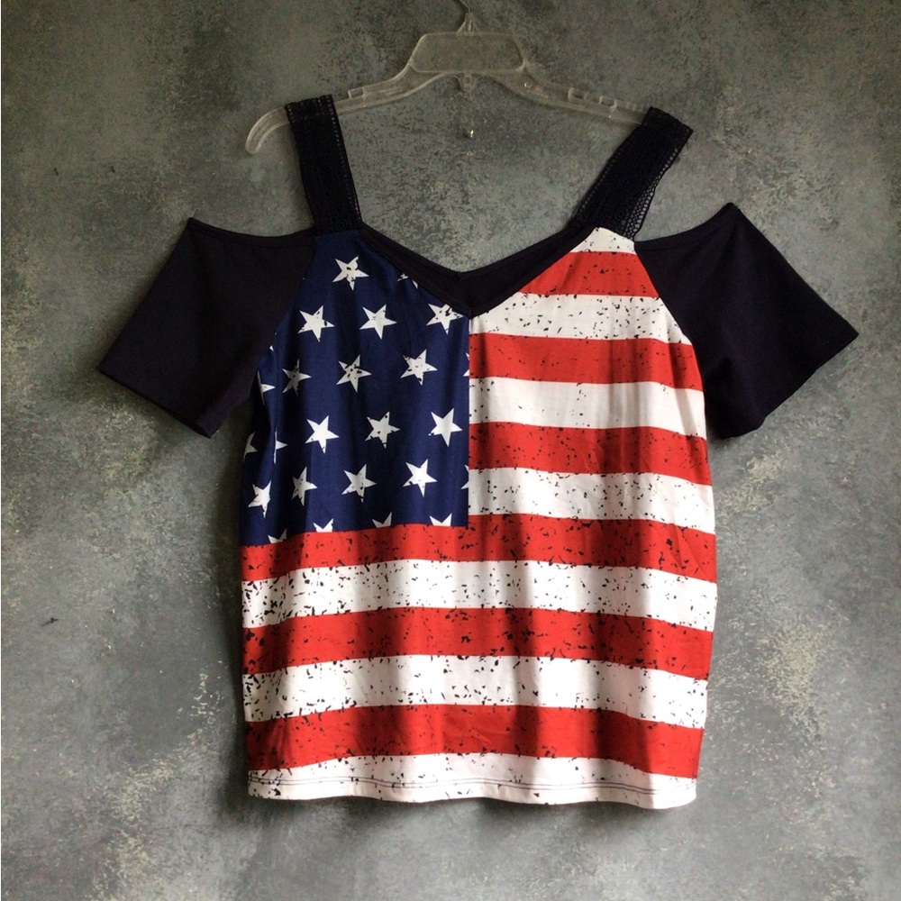 Patriotic Stars and Stripes Women's Cold Shoulder Top